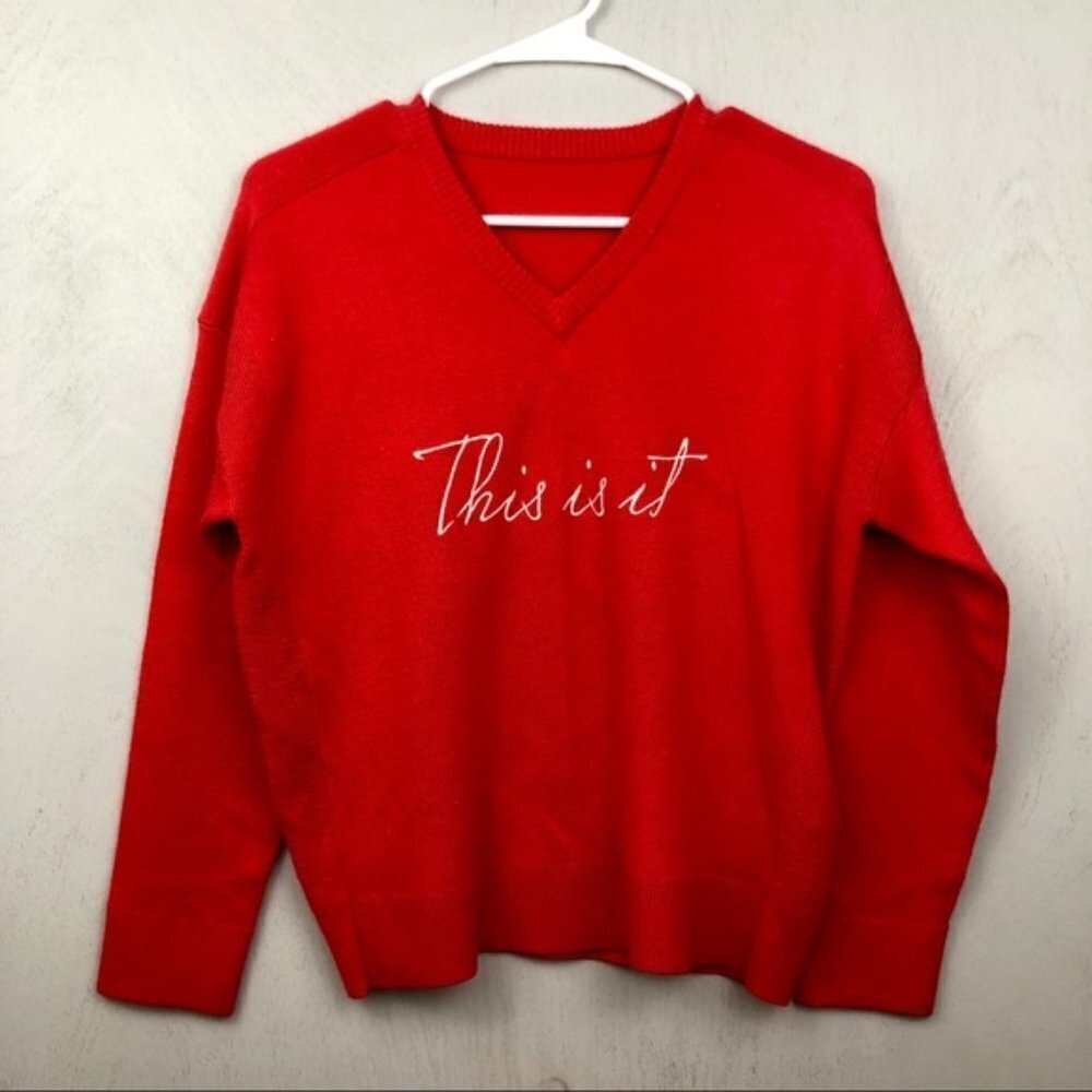 Fankai Red V-Neck Sweater - 'This is it' Quote, Size L
